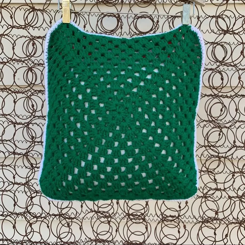 Vintage crochet granny square Christmas pillow red green